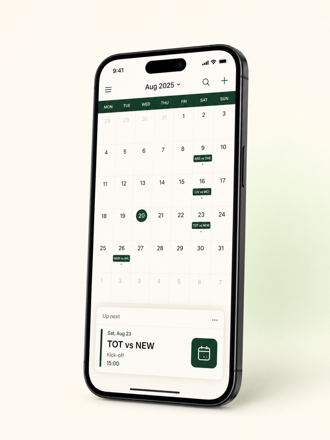 手机日历应用中显示英超比赛日程的示意图